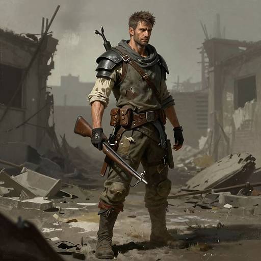 Digital artwork of a rugged, bearded man with spiky hair, wearing armor and holding a rifle, standing in a ruined, war-torn city