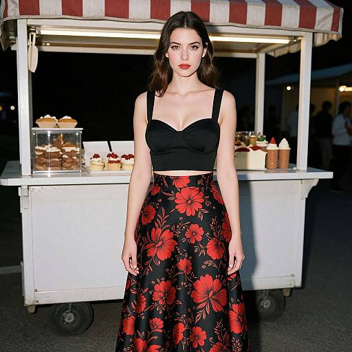 Photograph of a fair-skinned woman with dark hair, wearing a black crop top and red floral skirt, standing in front of a brightly lit food