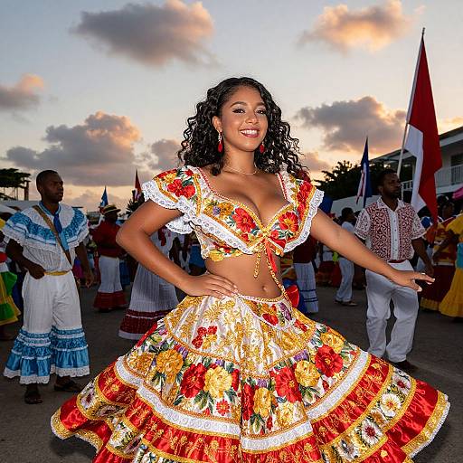 Photograph of a smiling Black woman with curly hair, wearing a vibrant floral dress with a low-cut top, dancing outdoors at sunset with a diverse group
