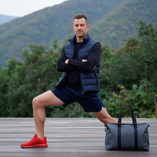 Photograph of a muscular, short-haired man with a beard, in a black vest and shorts, red sneakers, stretching on a wooden deck with a
