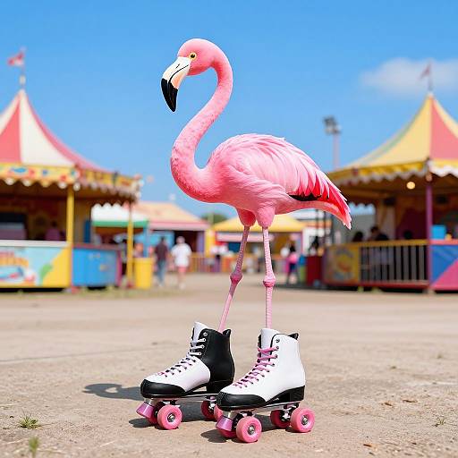 Photorealistic CGI of a pink flamingo with a long neck and black beak, standing on white and black roller skates, in a vibrant