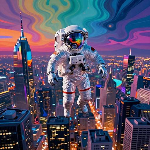 Digital artwork: Astronaut floating above vibrant, neon-lit cityscape with swirling, multicolored sky; reflective helmet, detailed spacesuit, skys