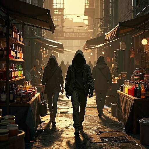 Photograph of a dim, sunlit market alley with three hooded figures walking, surrounded by colorful bottles on wooden stalls.