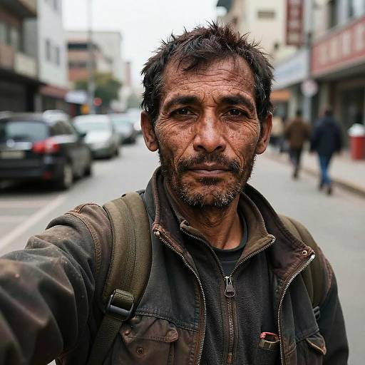 Photograph of a rugged, middle-aged man with dark, messy hair and beard, wearing a worn brown jacket and backpack, standing on a busy urban