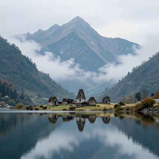 Photograph of ancient stone ruins by a still lake, mirrored in the water, with mist-covered mountains and dense forest in the background.