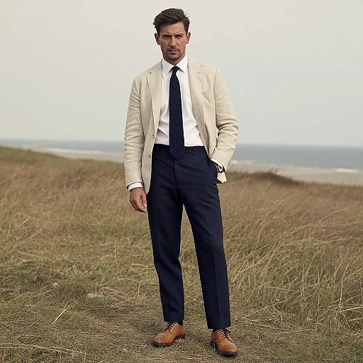 Photograph of a handsome, serious-looking man in a white blazer, black tie, white shirt, black pants, and brown shoes standing on a