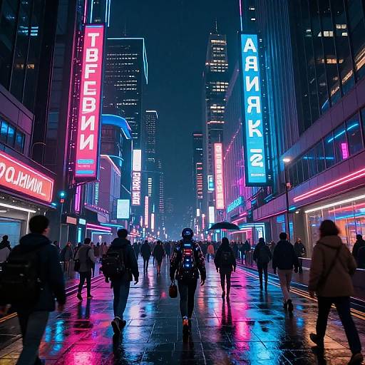 Photograph of a neon-lit, rainy urban street at night, with colorful vertical signs reading 