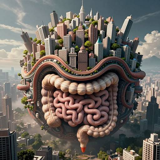 Digital artwork of a surreal cityscape: a floating, cylindrical structure with a giant, pink, twisted intestine base and skyscrapers on top, surrounded