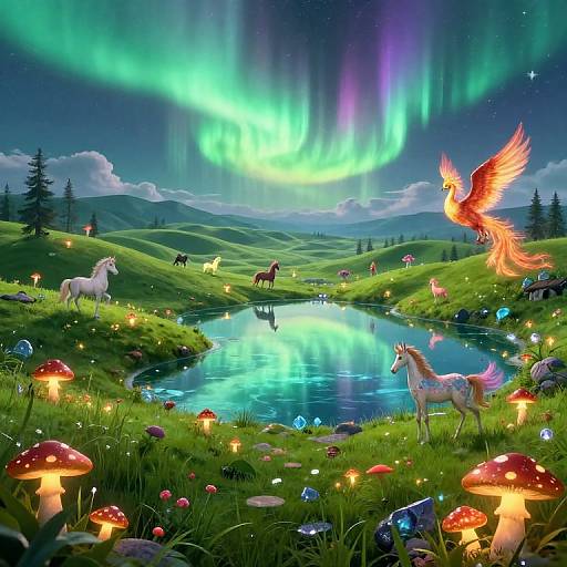 Digital fantasy artwork: Enchanted forest with glowing mushrooms, colorful auroras, crystal-laden stream, white and red winged unicorn, other mythical