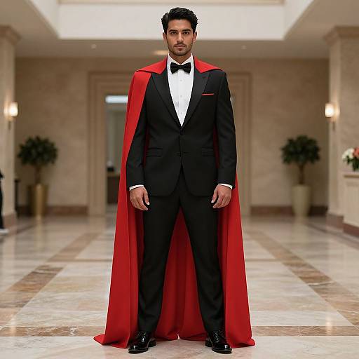 Photograph of a handsome man with dark hair and beard, wearing a black tuxedo and red cape, standing in a luxurious marble hallway.