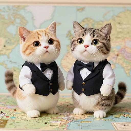 Photograph of two adorable kittens, one orange-and-white, one gray-and-white, wearing black vests and bow ties, standing on a colorful world map