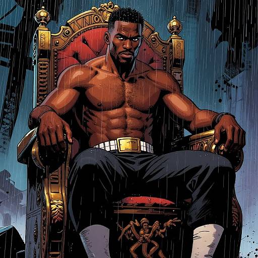 Muscular, shirtless Black man with short hair, sitting on ornate, red throne in rainy, dark setting, wearing black pants and white belt