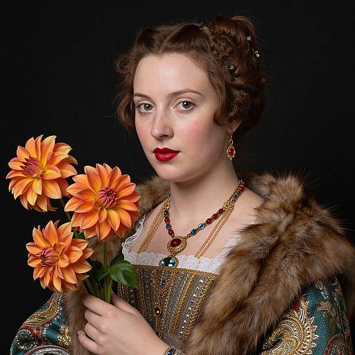 Photograph of a fair-skinned woman with red lips, brown hair, wearing a fur-trimmed, ornate dress, holding orange flowers,