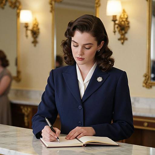 Photograph of a 1940s-style woman with dark, wavy hair in a navy suit, writing in an open book at a marble table