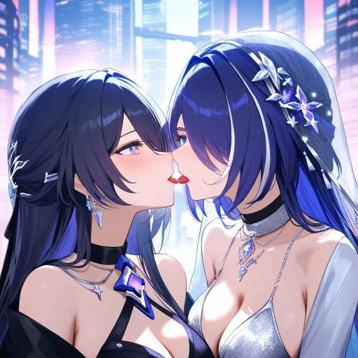 Elegant Yuri Embrace in Futuristic City