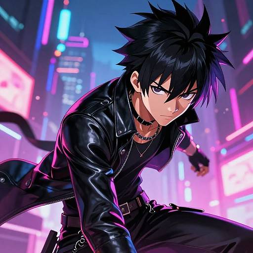 Digital anime-style artwork of a black-haired, spiky-haired, serious-looking young man in a black leather jacket, crouching in a neon-l