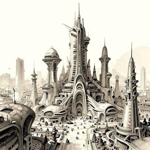 Intricate black-and-white digital illustration of a futuristic cityscape with towering, ornate skyscrapers and detailed architecture, bustling with small figures below