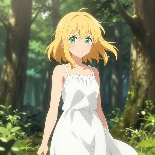 Anime-style drawing of a blonde girl with green eyes, wearing a white sundress, standing in a sunlit forest with lush greenery.