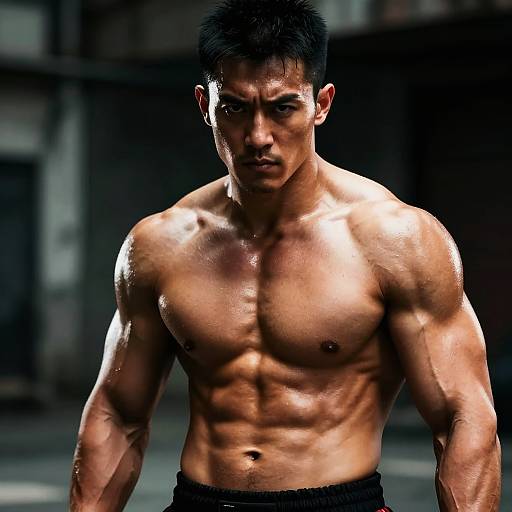 Photograph of a muscular, shirtless Asian man with short black hair and glistening skin, standing in a dimly lit, industrial background. His