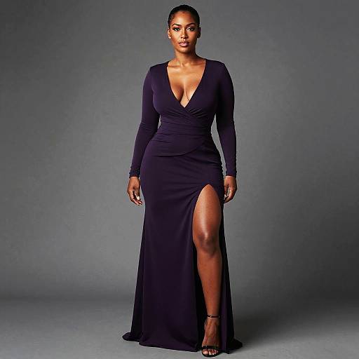 Photograph of a confident Black woman with a medium-dark skin tone, wearing a deep V-neck, long-sleeve, dark purple gown with a