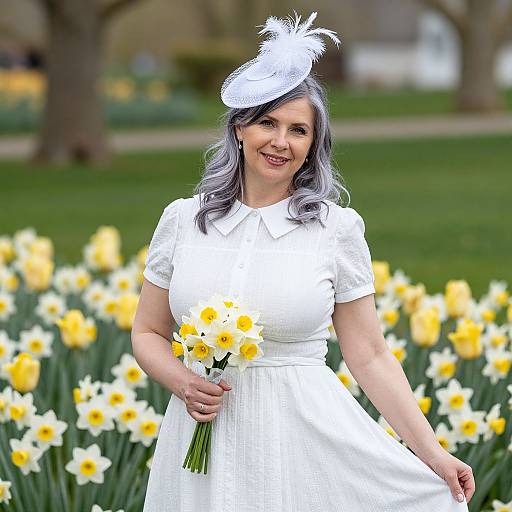 Photograph of a smiling woman with gray hair, wearing a white dress and hat, holding a bouquet of yellow daffodils, standing in a