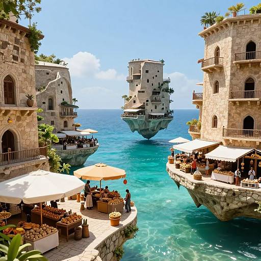 Photograph of a vibrant Mediterranean coastal village with floating stone buildings, turquoise water, outdoor cafes with white umbrellas, and potted plants.