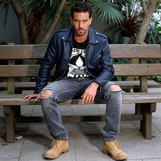Photograph of a bearded man with dark hair, wearing a black leather jacket, ripped jeans, and tan boots, sitting on a wooden bench in