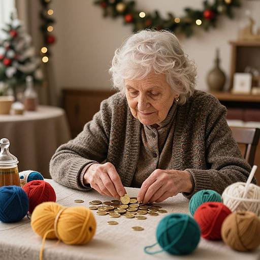Photograph of elderly woman with white curly hair, knitting brown buttons onto a fabric, surrounded by colorful yarn balls in cozy, Christmas-decorated room
