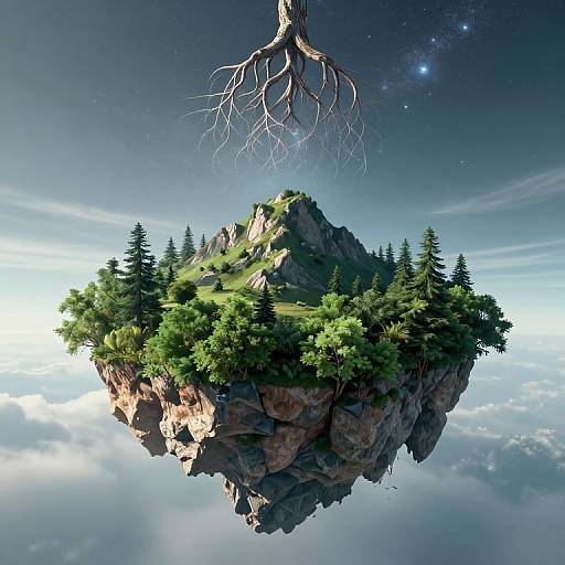 Floating island with lush green trees, rocky terrain, and a root system extending into a starry, cosmic sky above clouds. Digital art.