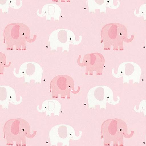 Seamless pattern of pink and white cartoon elephants with black dots on a white background, evenly spaced. Digital illustration.