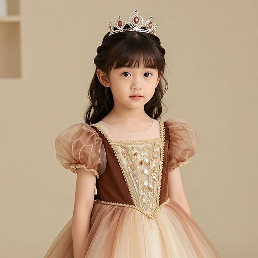 Photograph of an Asian girl with long black hair, wearing a silver tiara, brown and beige dress with gold embroidery, and puffed sleeves,