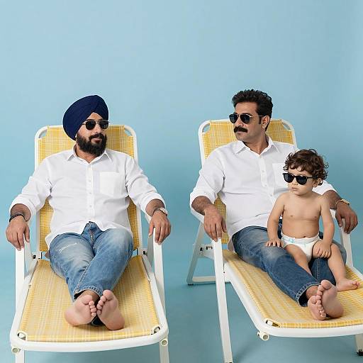 Men and Child Relaxing on Chaise Lounges