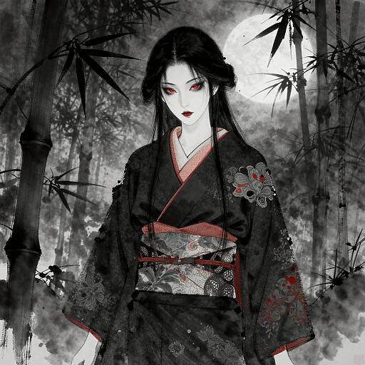 Digital artwork of a pale-skinned, red-eyed woman in a black kimono with red floral patterns, standing in a dark bamboo forest under a full