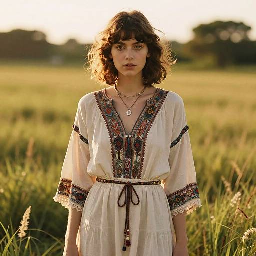 Photograph of a young woman with curly brown hair, wearing a white, embroidered bohemian dress, standing in a sunlit field.