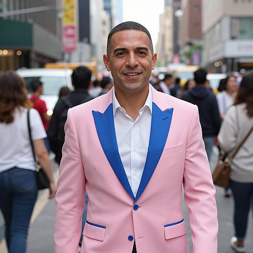 Man in Vibrant Pink Suit on City Street