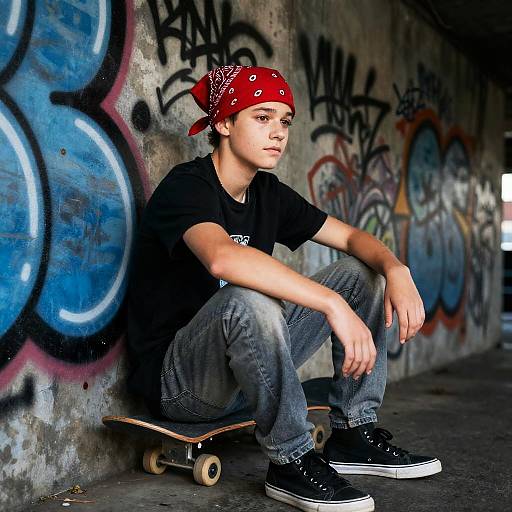 Teen Skateboarder in Graffiti Subway