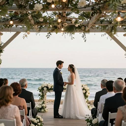 Photograph of a bride and groom standing at an oceanfront wedding altar, surrounded by guests, under a floral and string-lit pergola.