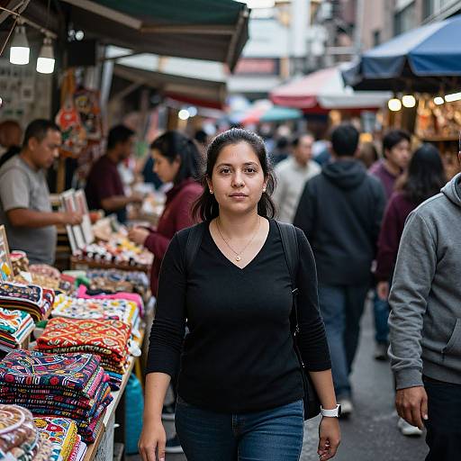 Photograph of a young South Asian woman with dark hair in a black top and jeans, walking through a bustling, colorful outdoor market, surrounded by shoppers