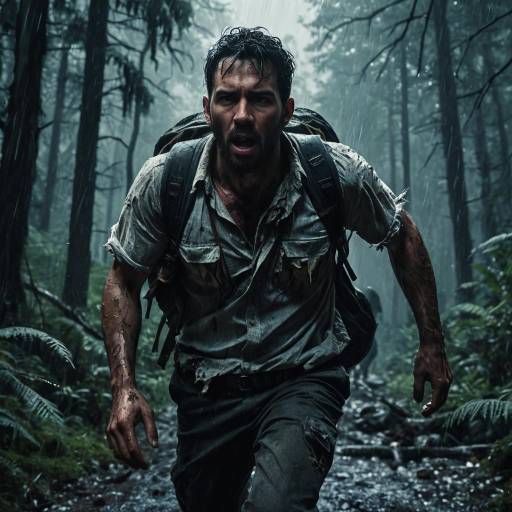 Exhausted Man Hiking Through Rainy Forest