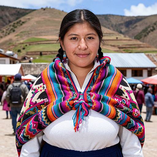 Photograph of a smiling young Indigenous woman with braided hair, wearing a colorful, patterned shawl over a white blouse, in a rural mountain