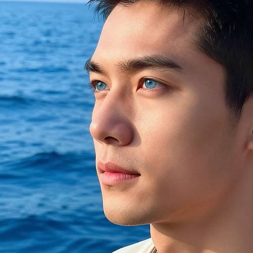 Close-up photograph of an Asian man with fair skin, blue eyes, and short black hair, gazing at the vibrant blue ocean.