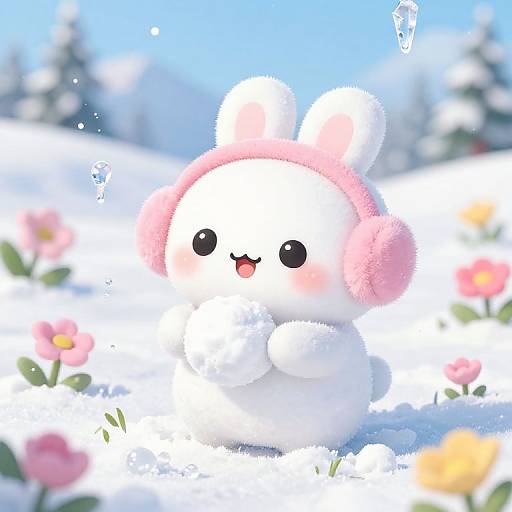 Kawaii Snow Bunny in Winter Meadow