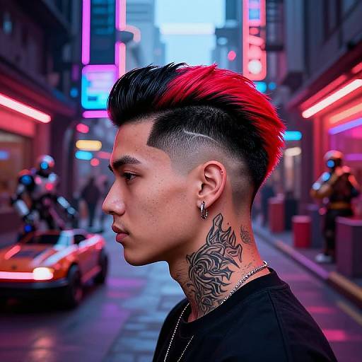 Photorealistic digital portrait of a young man with a black and red mohawk, intricate neck tattoo, piercings, in a neon-lit