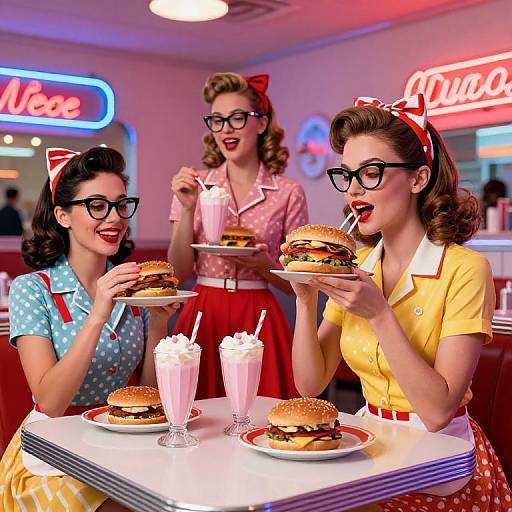 Vintage-style photograph of three retro women with glasses, polka dot and striped dresses, eating burgers with milkshakes in a neon-lit diner.