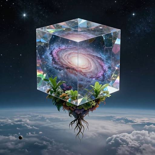 Crystal hexagon floating in space with a galaxy inside, adorned with green plants and roots, above a cloudy Earth. Digital art.