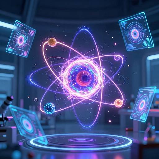 Digital artwork of a glowing, neon-colored atomic nucleus with orbiting planets, surrounded by floating holographic screens in a futuristic lab.