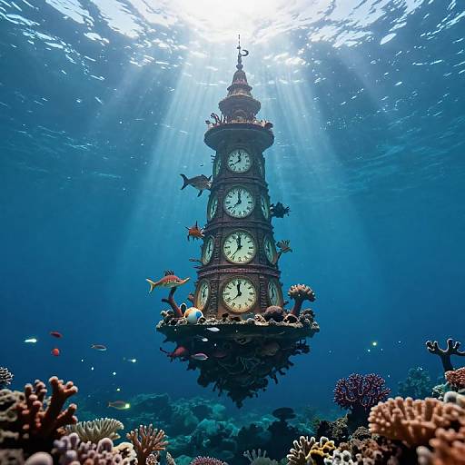 Underwater photograph of an ornate, clock-towered structure surrounded by colorful coral reefs, schools of fish, and rays, illuminated by sunlight rays penetrating