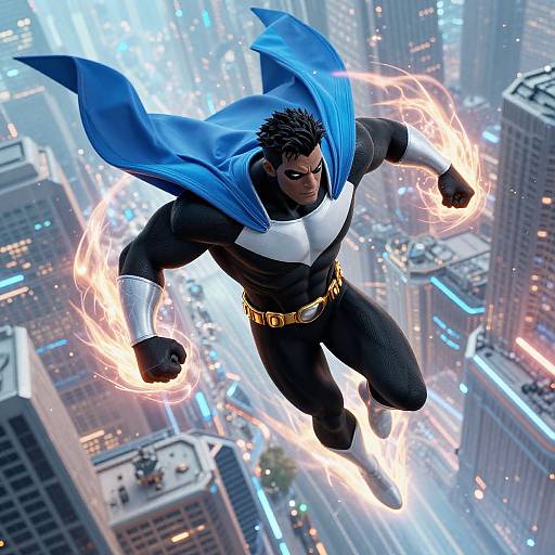 Digital artwork of a muscular, black-haired superhero with a blue cape, black and white suit, gold belt, flying over a bustling cityscape with glowing