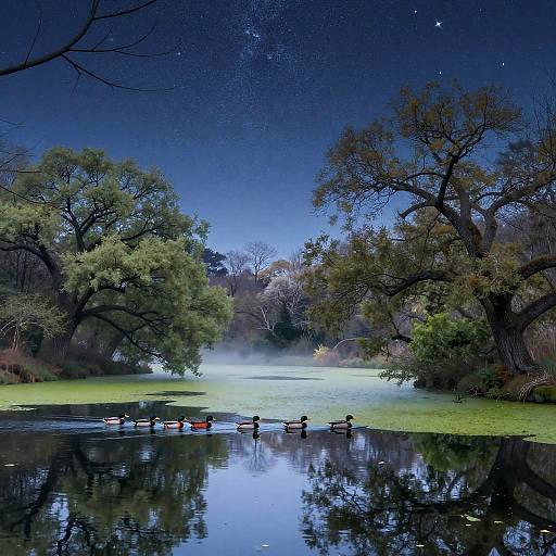 Photograph of a serene, starlit night scene with a calm pond reflecting trees, six kayakers paddling on the water, surrounded by lush green