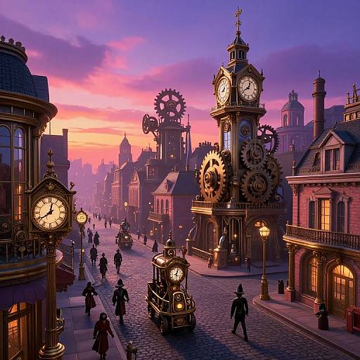 Steampunk city street at sunset with clock towers, gear decorations, vintage car, and people walking on cobblestone, glowing in purple and orange